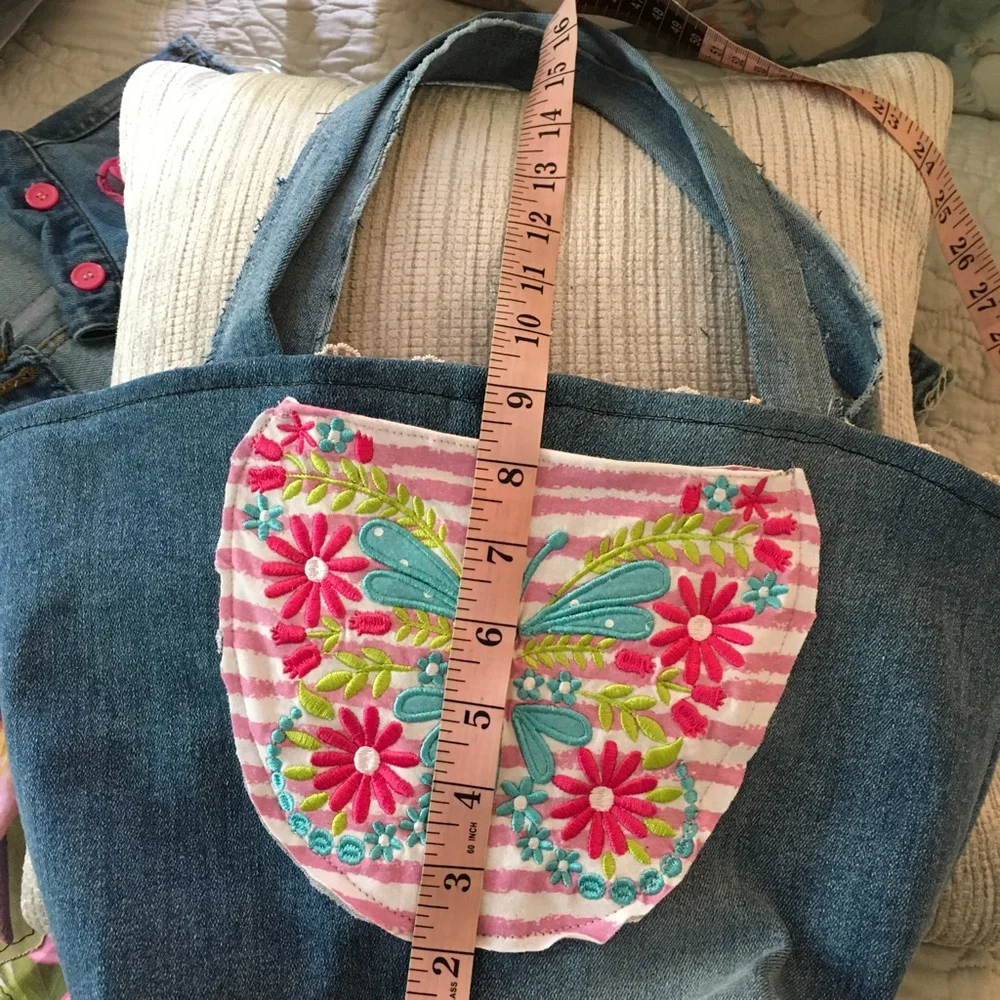 Denim Tote Bag Rose Gold Sequins Butterfly Patch